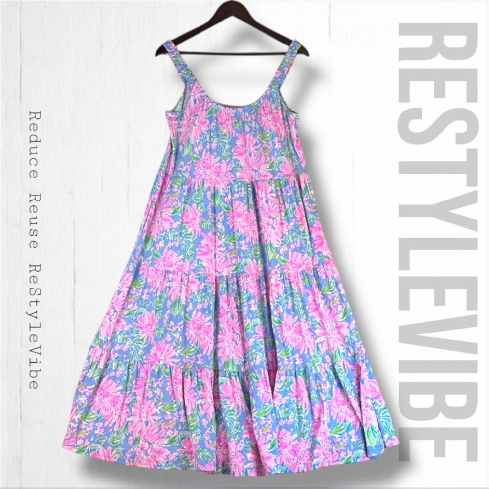 LILLY PULITZER Women’s Size M Dress Midi Floral Tiered Cotton Sleeveless